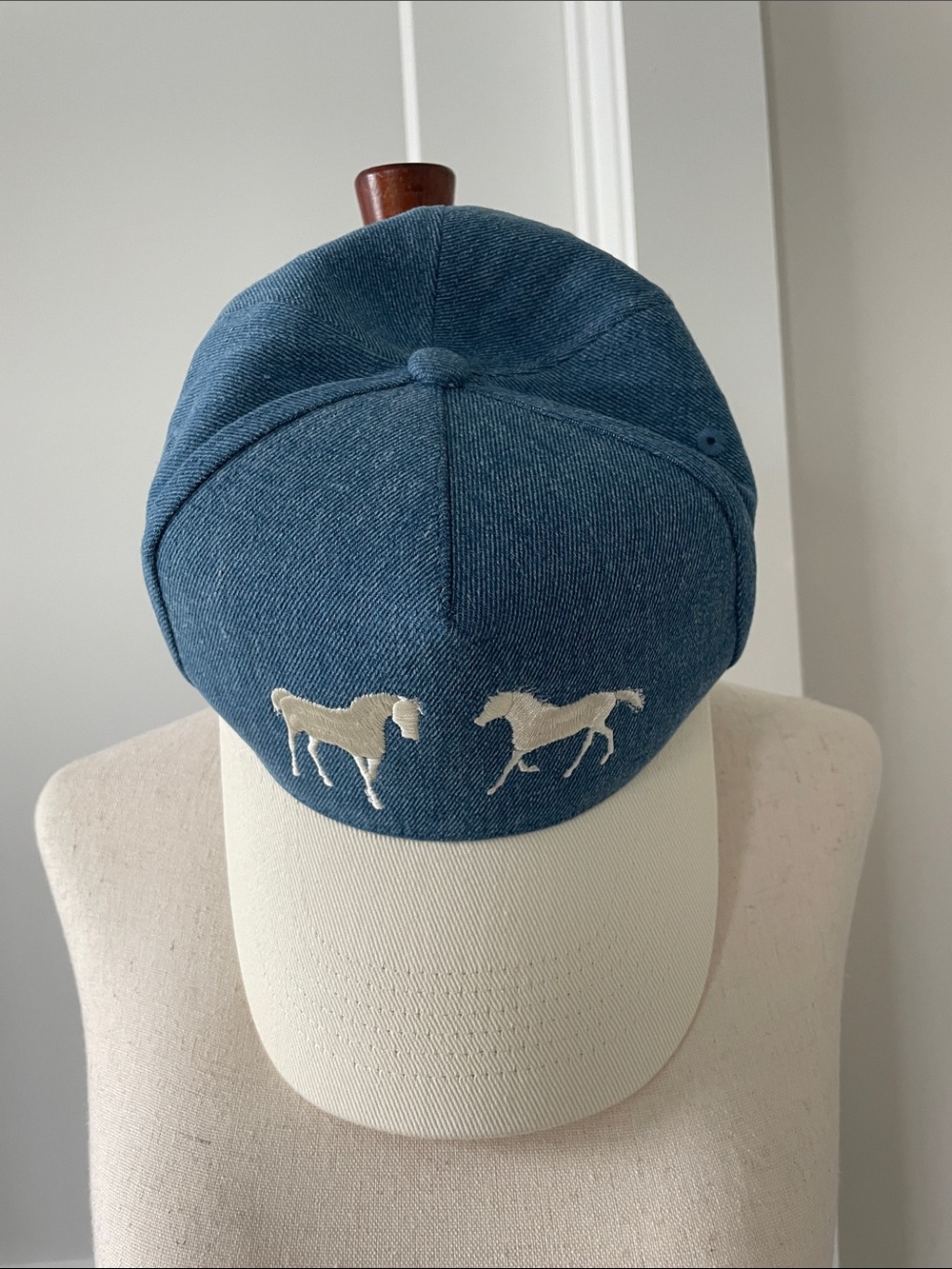 Denim Blue and Cream Horse Embroidered Baseball Cap